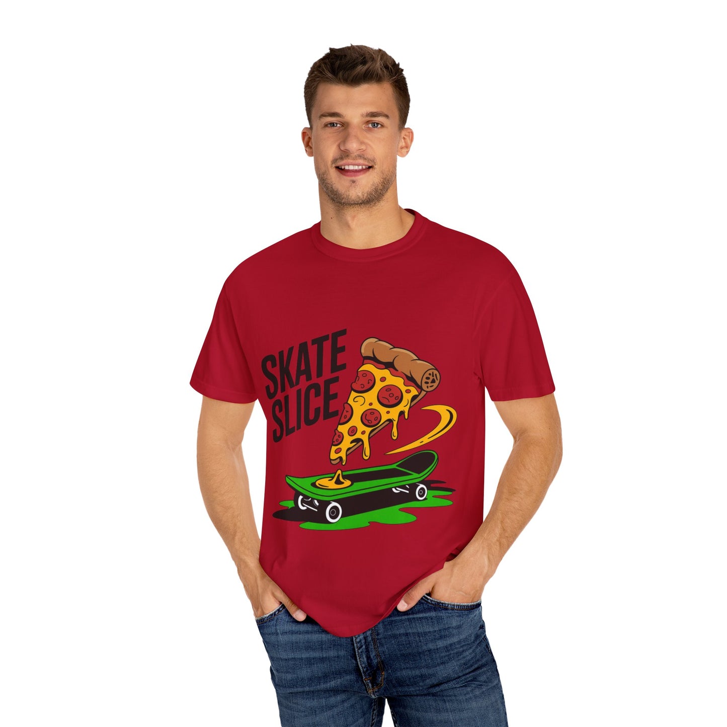 Skate Slice Unisex T-Shirt - Fun Skateboarding and Pizza Design