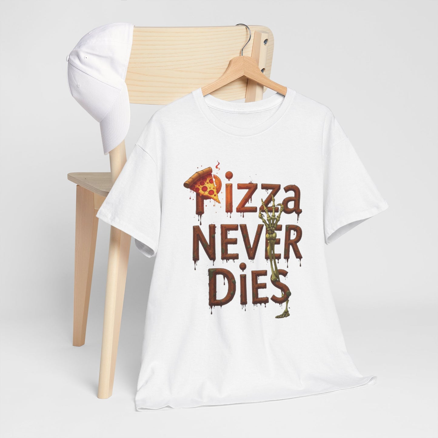 Pizza Never Dies Unisex Heavy Cotton Tee | Funny Pizza Lover Gift, Casual Wear, Foodie T-Shirt, Unique Birthday Present, Quirky Gift