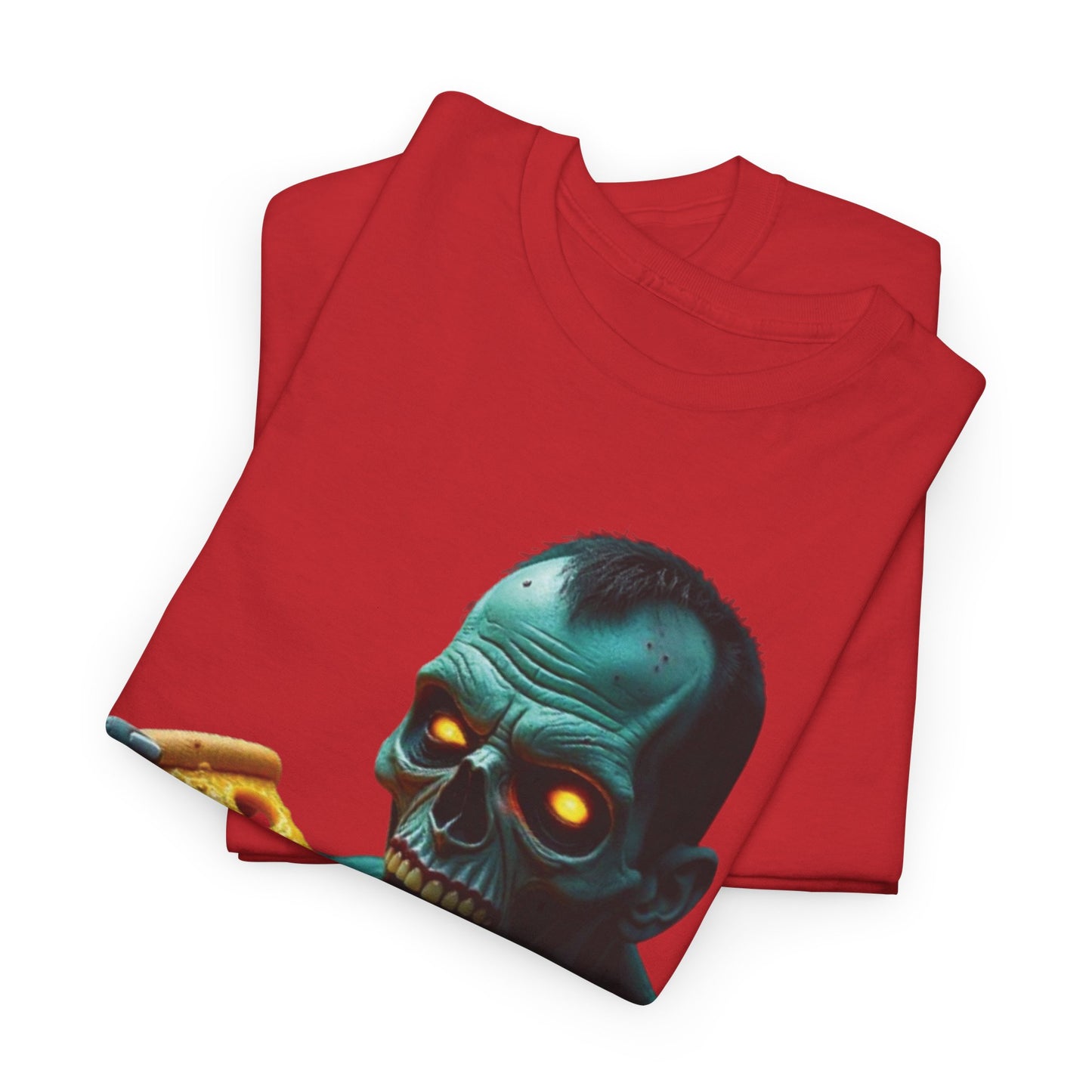 Zombie Pizza Lover Unisex Heavy Cotton Tee, Graphic Tee for Halloween, Casual Wear, Horror Fan Gift, Movie Night Shirt